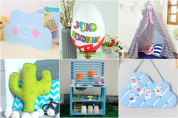 Kreatywne pomysły na prezent DIY: chmurka-półka, pisanka, tipi, poduszka kaktus, kuchnia dla dzieci, chmurka-tablica.