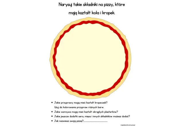 Dzień kropki! Narysuj składniki na pizzę w kształcie kół i kropek. Jakie przyprawy, warzywa i dodatki dodasz do swojej pizzy?