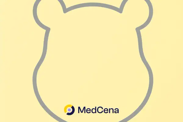 Jasne tło z konturem głowy Kubusia Puchatka. Logo MedCena.