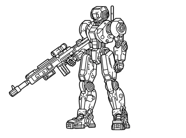 Robot kolorowanka z karabinem. Gotowy do akcji, czeka na Twoje kolory!