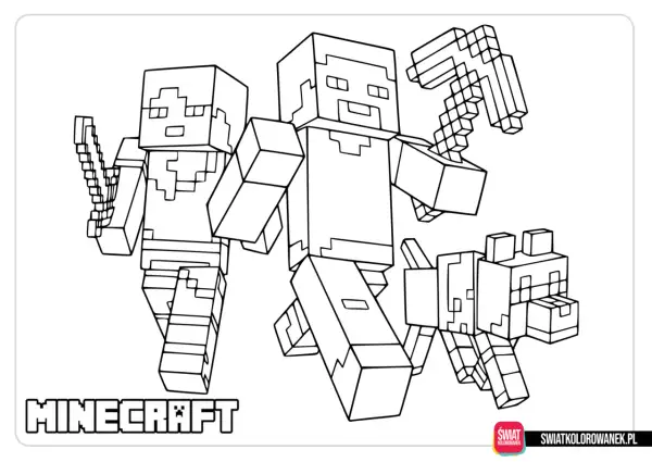 Kolorowanka Minecraft: Steve z mieczem, Alex z kilofem i piesek czekają na Twoje kredki.
