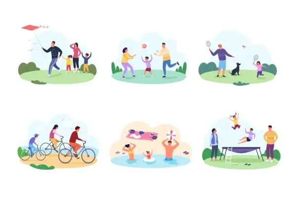 Różnorodne gry i zabawy na świeżym powietrzu dla młodzieży: puszczanie latawca, gra w piłkę, badminton, jazda na rowerze, kąpiel i skakanie na trampolinie.