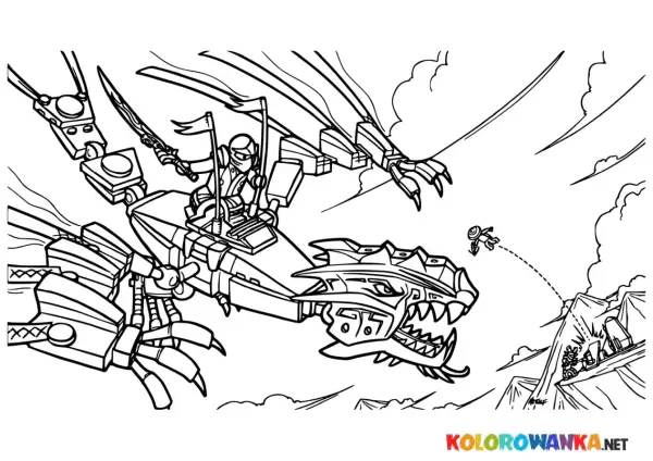 Ninjago kolorowanka: smok z wojownikiem na grzbiecie walczy z przeciwnikami na górze.