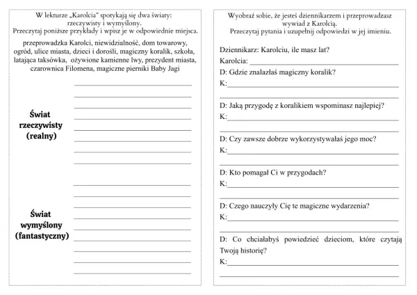Test z Karolci z odpowiedziami: zadanie rozróżniające świat rzeczywisty i fantastyczny oraz wywiad z bohaterką.