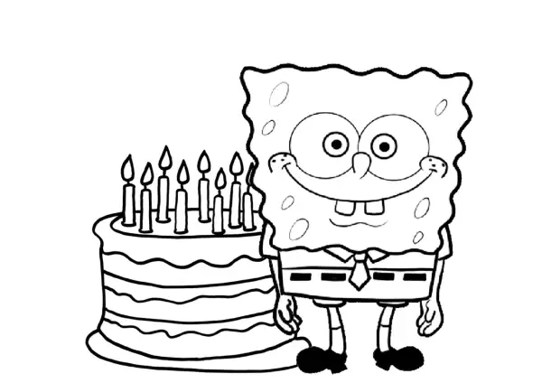 SpongeBob z uśmiechem przy wielowarstwowym torcie z zapalonymi świeczkami. To tort kolorowanka, idealny do ozdobienia!