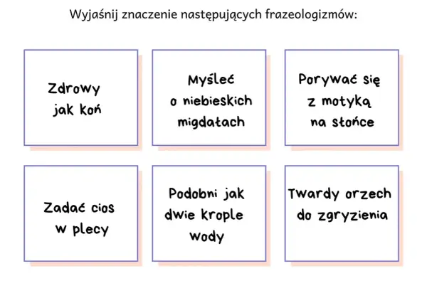 Wyjaśnij znaczenie frazeologizmów: "zdrowy jak koń", "myśleć o niebieskich migdałach", "porywać się z motyką na słońce", "zadać cios w plecy", "podobni jak dwie krople wody", "twardy orzech do zgryzienia".