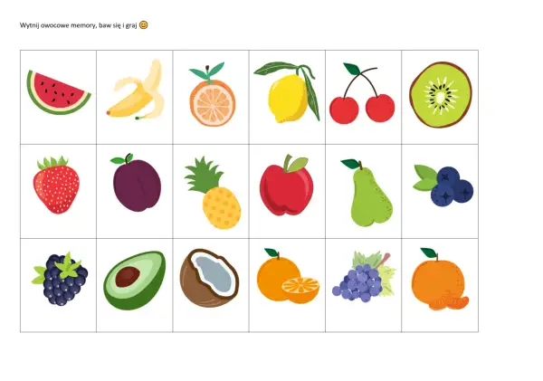 Kolorowe karty do gry memory z owocami: arbuz, banan, pomarańcza, cytryna, wiśnie, kiwi, truskawka, śliwka, ananas, jabłko, gruszka, borówki, jeżyna, awokado, kokos, mandarynka, winogrona.