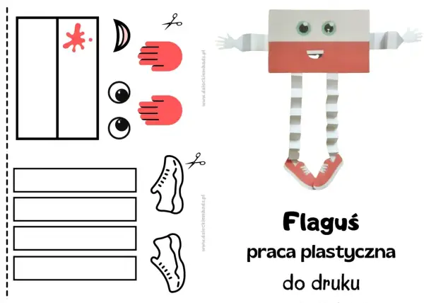 Dzień flagi praca plastyczna: wycinanka z elementami do stworzenia ludzika z polskiej flagi.
