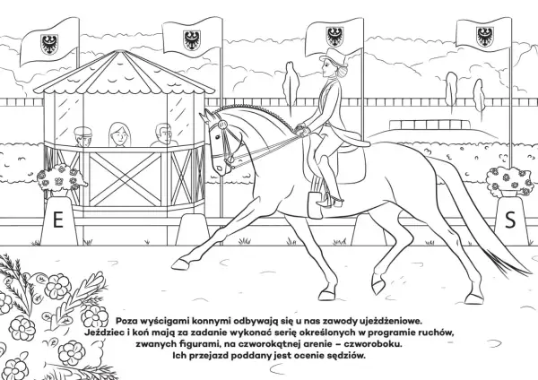 Kolorowanki konie z jeźdźcem do druku: elegancka dżokejka na koniu podczas zawodów ujeżdżeniowych.