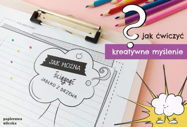 Kolorowe kredki i zeszyt z ćwiczeniami "Jak można ściągnąć jabłko z drzewa?". To inspiracja do rozwijania kreatywne myślenie u dzieci.
